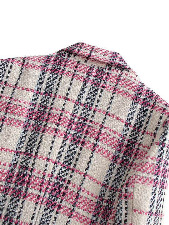 Double Breasted Plaid Pattern Long Sleeve Notched Collar Casual Tweed blazer for Women