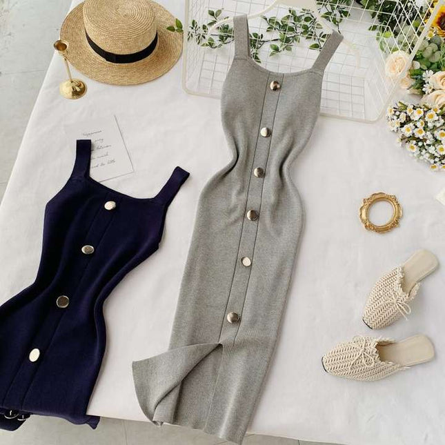 Summer Womens Fashion Dress Vent Button Sleeveless Halter Square Collar Knit Dress