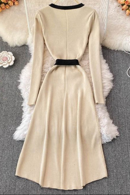 Autumn Winter New Knitted V-Neck Long Sleeve Women Black Sweater Fashion Casual Dresses