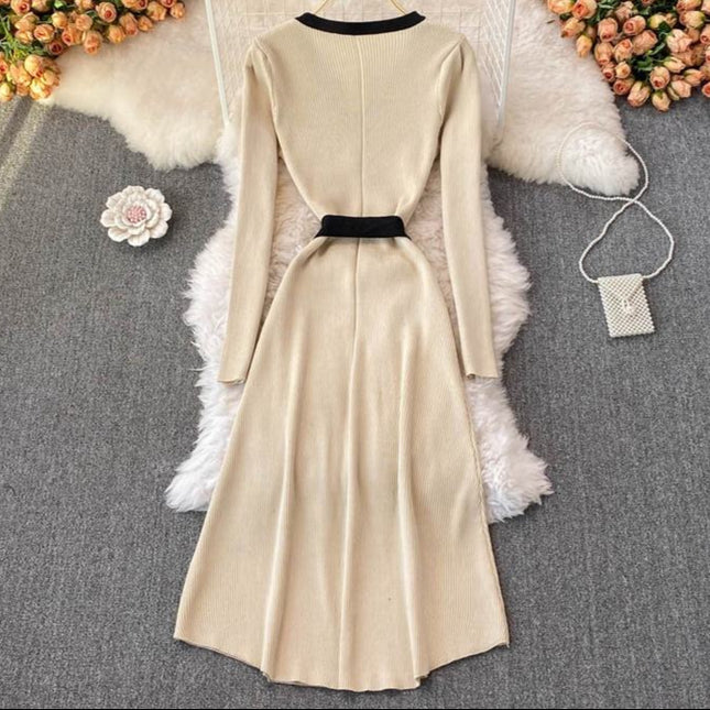 Autumn Winter New Knitted V-Neck Long Sleeve Women Black Sweater Fashion Casual Dresses