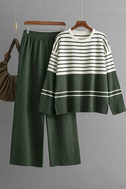 Autumn Winter New Striped Knitted Two-piece Round Neck Sweater Top + Fashion Trousers 2-piece Set