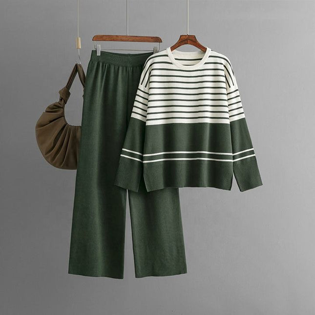 Autumn Winter New Striped Knitted Two-piece Round Neck Sweater Top + Fashion Trousers 2-piece Set
