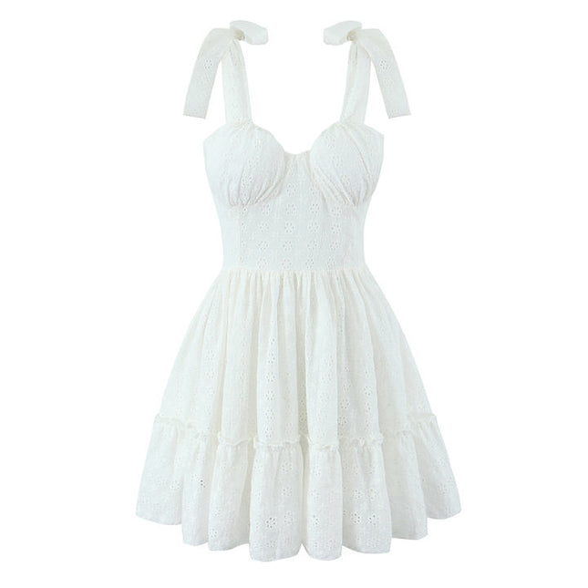 2 Colorway Solid Color Shoulder Strap Embroidery Casual Fashion Cotton Mini Dress for Women