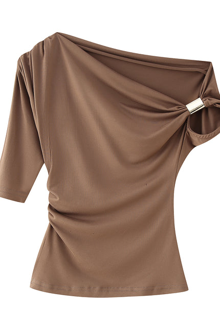 4 Colorway Asymmetrical Design Solid Color Short Sleeve Casual Fashion Tops for Women