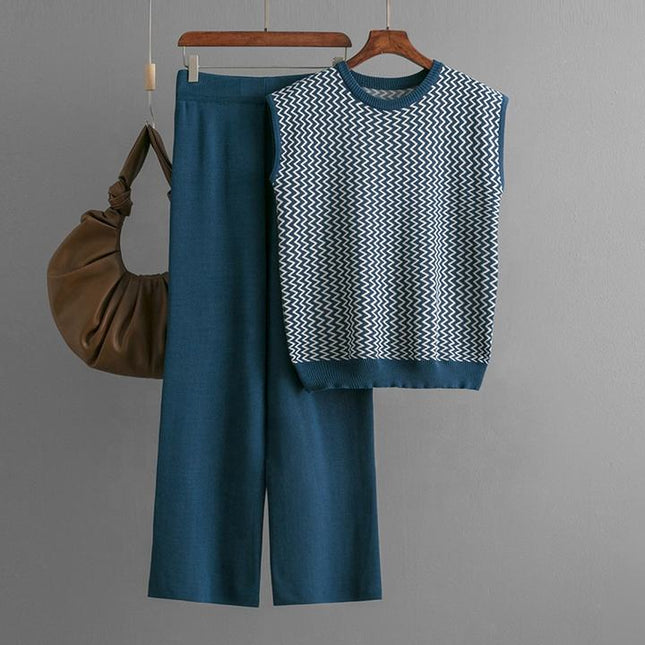 Summer New Simple Retro Loose Sleeveless Knitted Shoulder Top Wide Leg Pants Knitted Two Piece Set for Women
