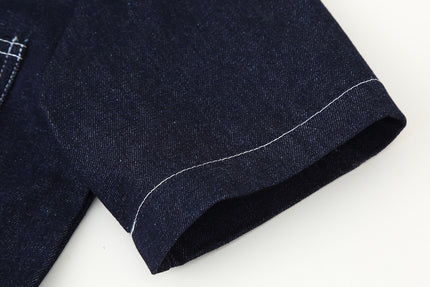 Turn Down Collar Single Breasted Short Sleeve Denim Blue Color Casual Fashion Jeans Tops Blouse for Women