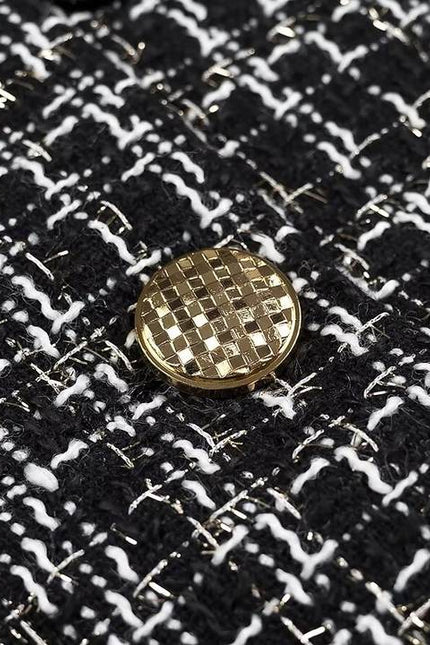 Crew Neck Single Breasted Black Color Long Sleeve Casual Fashion Tweed Jacket for Women