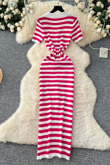 Vintage Lapel Single Breasted Cardigan Striped Women Knit Long Dresses