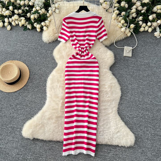 Vintage Lapel Single Breasted Cardigan Striped Women Knit Long Dresses