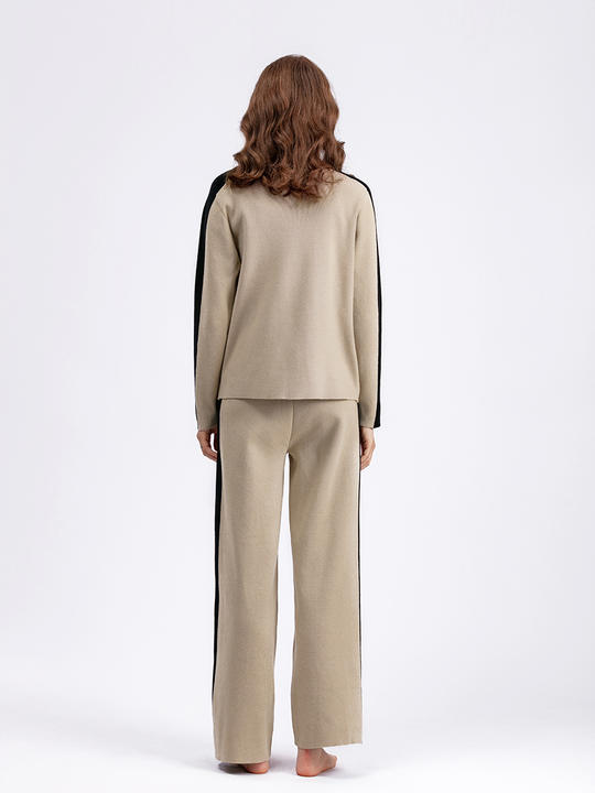 Autumn/winter Cross Border Half High Neck Sweater Contrast Splice Cropped Pants Fashion Women's Two Piece Set