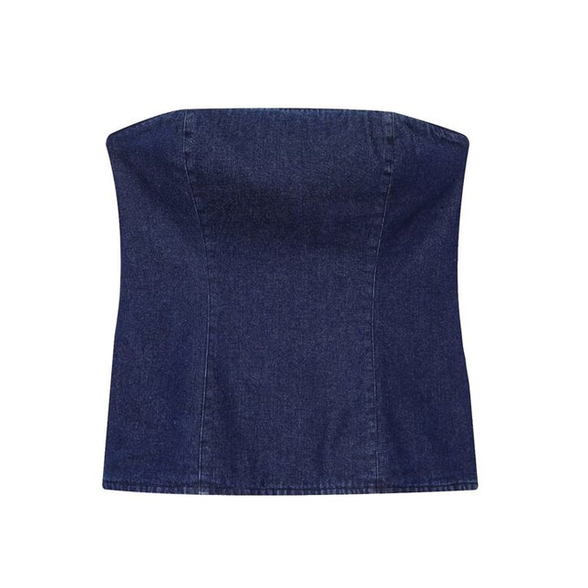 Denim Blue Color Strapless Back Zipper Fly Hot Sale Casual Fashion Jeans Crop tank Top for Women