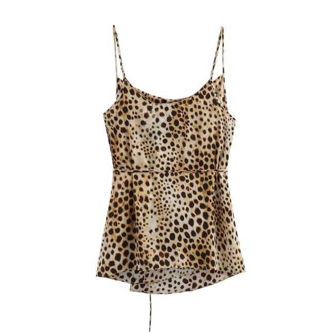 Animal Print Multi Color Side Slit Sashes Spaghetti Strap Casual Fashion Tops Blouses for Women
