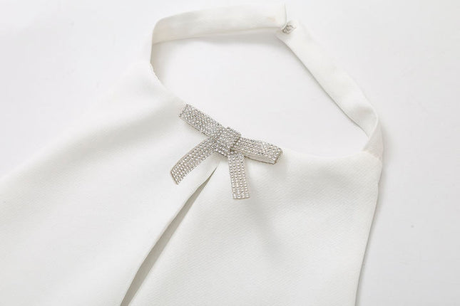 White Color Front Bow Tie With Beading Back Hollow Out Casual Fashion tank Top for Women