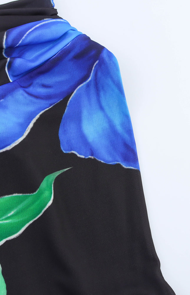 Floral Print Black Blue Color Back Hollow Out Sleeveless Summer Long Halter Dress for Women