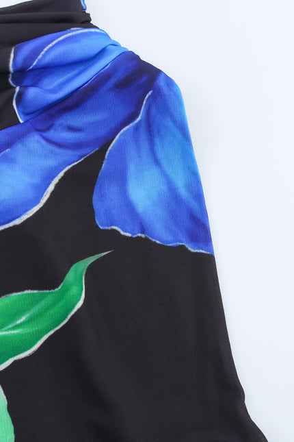 Floral Print Black Blue Color Back Hollow Out Sleeveless Summer Long Halter Dress for Women