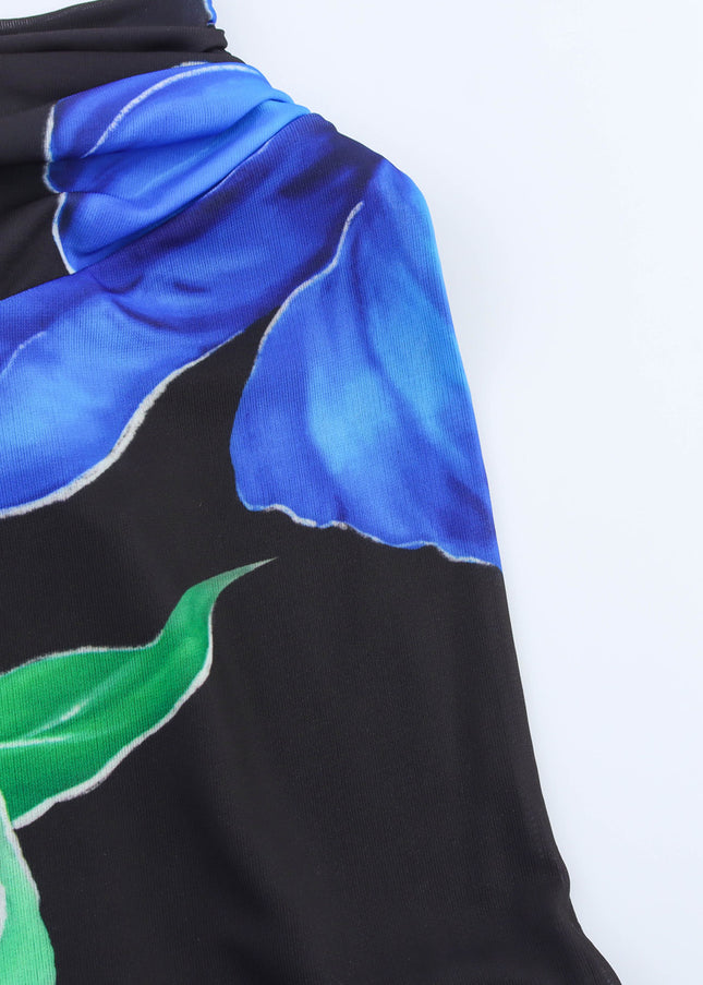Floral Print Black Blue Color Back Hollow Out Sleeveless Summer Long Halter Dress for Women