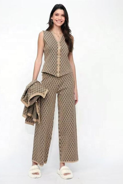 Retro Jacquard Set Women's Fragrant Style Sleeveless Knitted Shoulder Sweater Cardigan Coat Wide Leg Pants 3-Piece Set