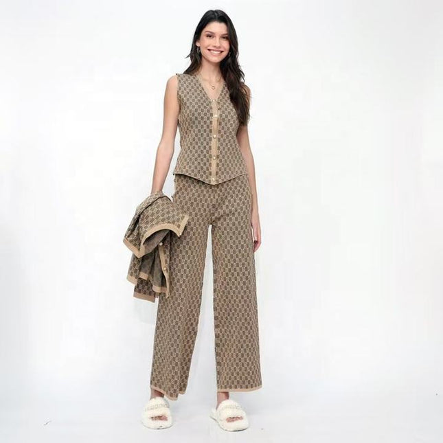 Retro Jacquard Set Women's Fragrant Style Sleeveless Knitted Shoulder Sweater Cardigan Coat Wide Leg Pants 3-Piece Set