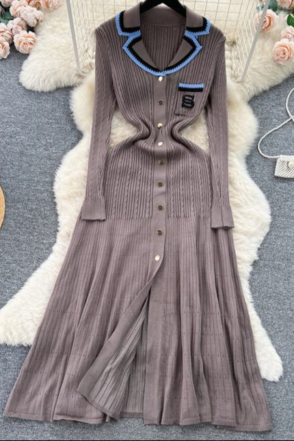 V-neck Women Knitted Spring Autumn Elegant Long Sleeve Ladies Fashion Maxi Dresses