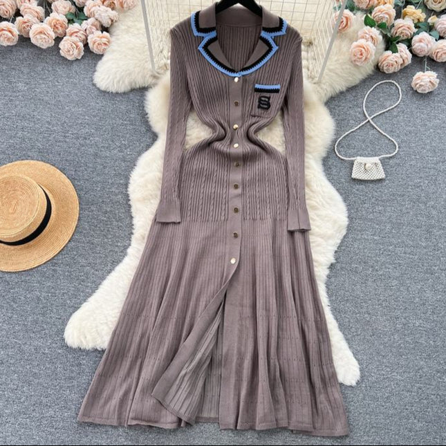 V-neck Women Knitted Spring Autumn Elegant Long Sleeve Ladies Fashion Maxi Dresses