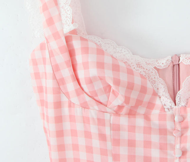 Shoulder Strap pink Color Plaid Print Zipper Fly Casual Fashion Mini slip Dress for Ladies