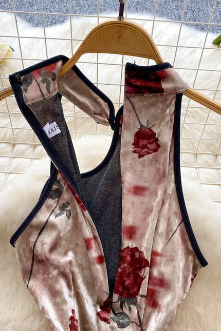 Vintage New Design Hollow-out Sleeveless Printed Velvet Waist Slit Dress