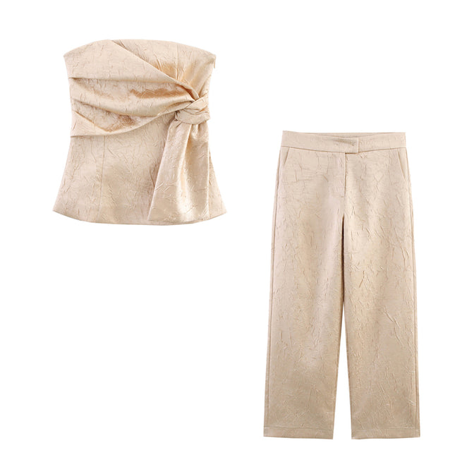 Strapless Side Pleated Khaki Color Casual Fashion Women's tank Tops