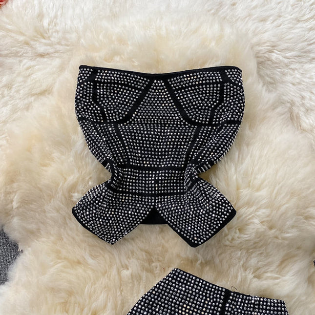 Ruffle Sexy Short Hot Drill Smocked Top Two Piece Suit High Waist Stretch Trousers Female