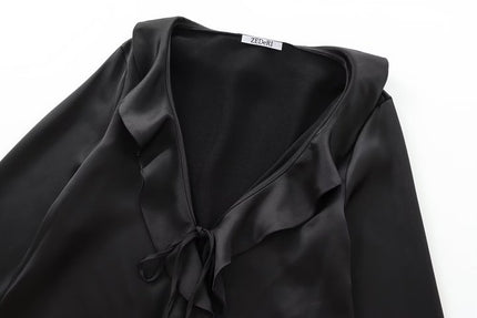 V Neck Black Color Long Sleeve Front Ruffle Casual Fashion Modest Blouse for Women