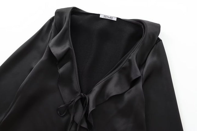 V Neck Black Color Long Sleeve Front Ruffle Casual Fashion Modest Blouse for Women