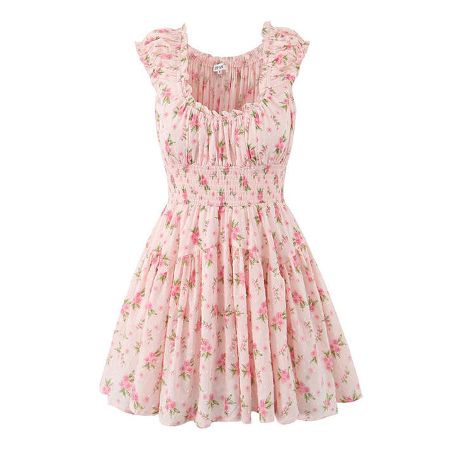 Floral Print Sleeveless square Collar pink Color Casual Fashion Summer Mini Women Dress