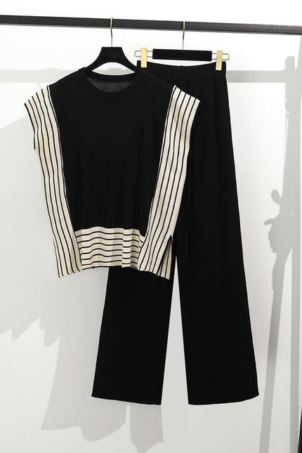 Fashionable Patchwork Loose Short Sleeved Sweater Top High Waist Slimming and Wide Leg Pants Two-piece Set