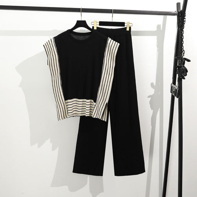 Fashionable Patchwork Loose Short Sleeved Sweater Top High Waist Slimming and Wide Leg Pants Two-piece Set