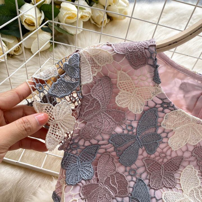 Temperament High-grade butterfly Hollowed-out Hook Flower Lace Dress Female Waist Elegant Package Hip Skirt