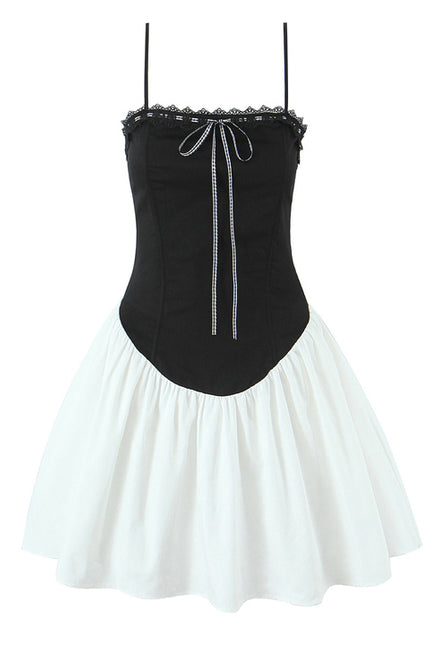 Front Lace up Spaghetti Strap Black White Color Hot Sale Casual Fashion Summer Mini Cotton slip Dress for Women