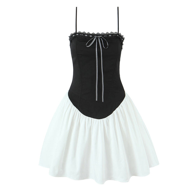 Front Lace up Spaghetti Strap Black White Color Hot Sale Casual Fashion Summer Mini Cotton slip Dress for Women