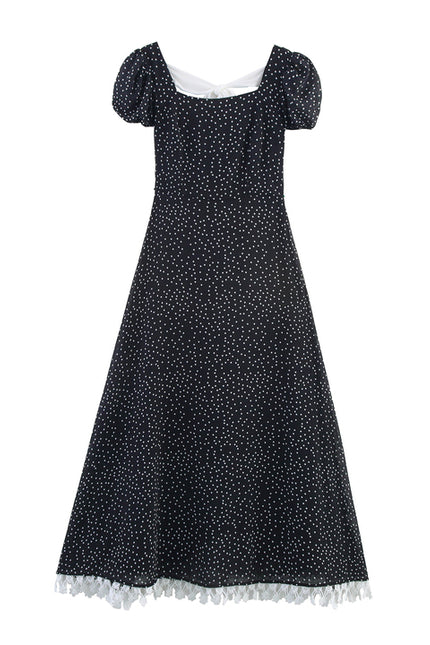 Square Collar Back Bow Tie Black Color Polka Dot Print Casual Fashion Summer Long Dress for Women