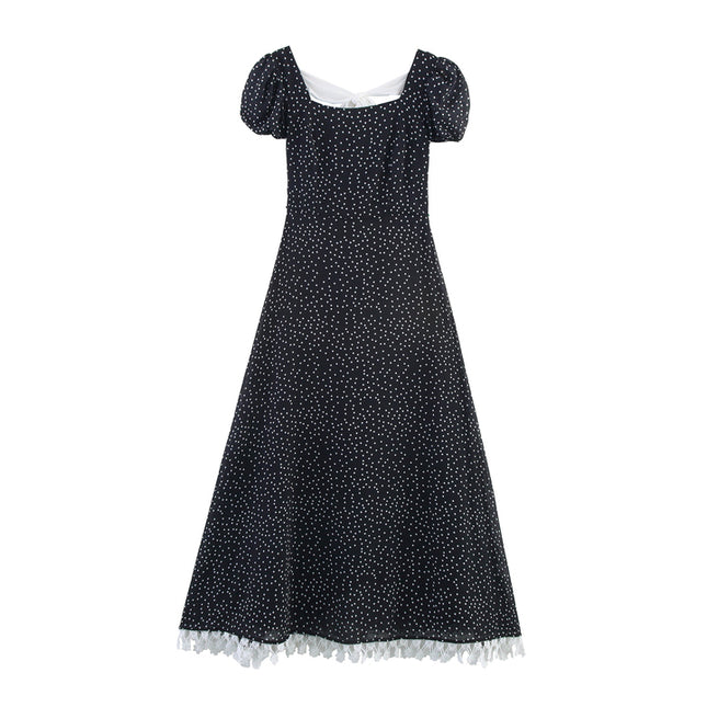 Square Collar Back Bow Tie Black Color Polka Dot Print Casual Fashion Summer Long Dress for Women