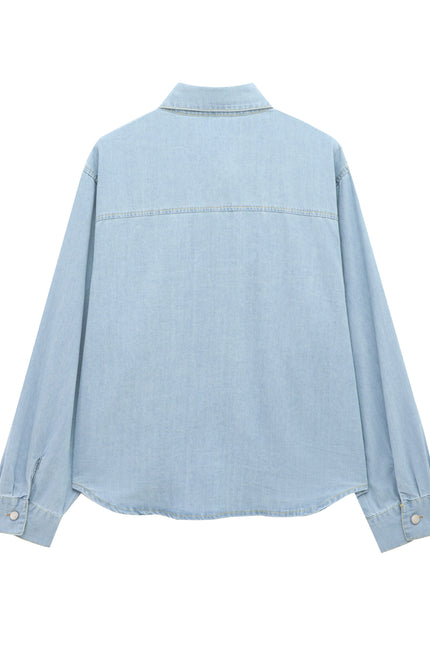 Turn Down Collar Long Sleeve Denim Blue Color Buttons up Casual Fashion Jeans Tops Blouse for Women