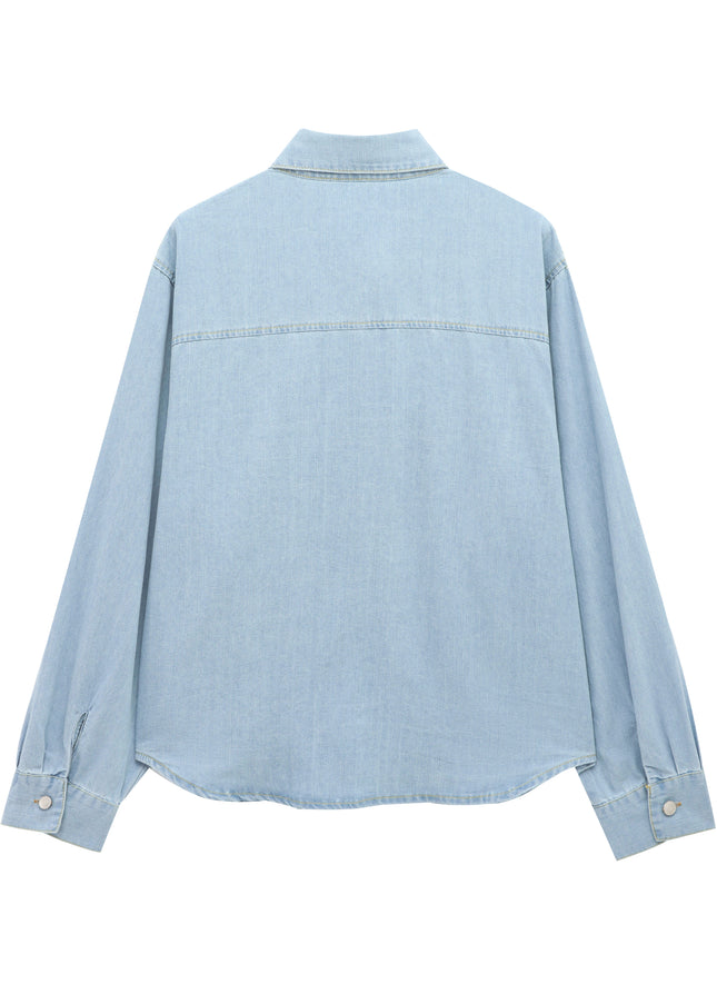Turn Down Collar Long Sleeve Denim Blue Color Buttons up Casual Fashion Jeans Tops Blouse for Women