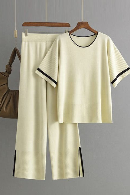Women's New Fashion Casual Suit Color Contrast Short Sleeve Wide Leg Pants Long Pants Slit Two-piece Set