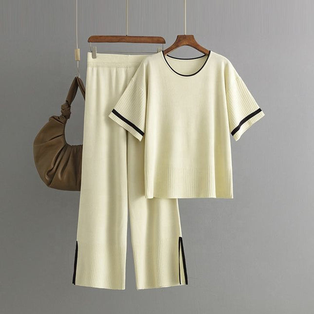 Women's New Fashion Casual Suit Color Contrast Short Sleeve Wide Leg Pants Long Pants Slit Two-piece Set