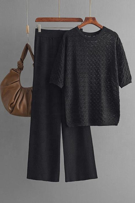 Summer New Solid Color Hollow Casual Round Neck Fashion Suit Short Sleeve Trousers Knit Two-piece Set