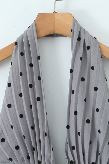 Back Hollow Out Gray Color Polka Dot Print Casual Fashion Summer Mini Halter Dress for Women