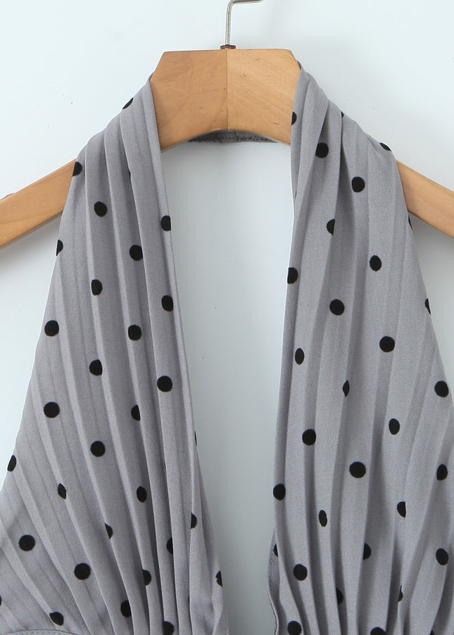 Back Hollow Out Gray Color Polka Dot Print Casual Fashion Summer Mini Halter Dress for Women