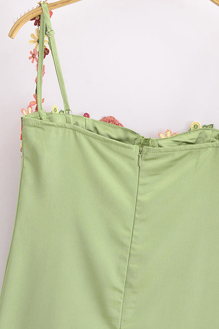 Green Color Floral Embroidery Spaghetti Strap Hot Sale Casual Fashion Summer Long slip Dress for Women