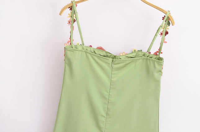 Green Color Floral Embroidery Spaghetti Strap Hot Sale Casual Fashion Summer Long slip Dress for Women