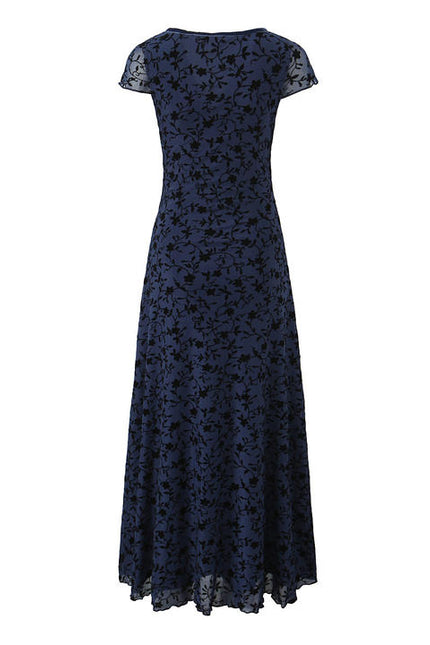 V Neck Short Sleeve Blue Color Floral Pattern Casual Fashion Midi Dress for Ladies