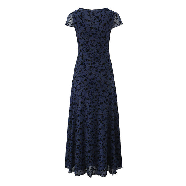 V Neck Short Sleeve Blue Color Floral Pattern Casual Fashion Midi Dress for Ladies