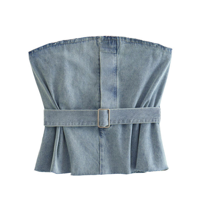 Denim Blue Color Strapless Sashes Casual Fashion Women's Jeans Crop tank Top